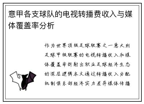 意甲各支球队的电视转播费收入与媒体覆盖率分析